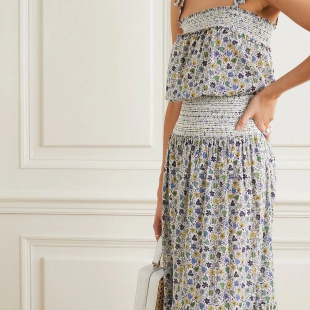 Tory Burch Smocked Floral Print Floral Cotton Voile Dress sz M NWT